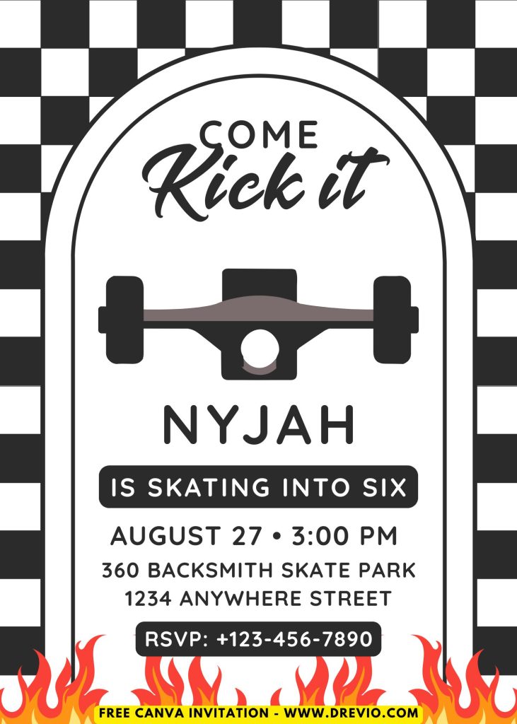 Free and Editable Come Kick It Skateboarder Invitation Templates Made in Canva. Customize Online for free