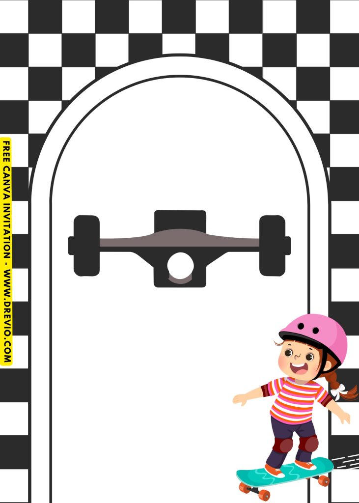 Free and Editable Lovely Kickflip Skateboarder Girl Invitation Templates Made in Canva. Customize Online for free