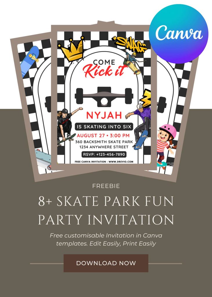 Free and Editable Adorable Kickflip Skateboard Invitation Templates Made in Canva. Customize Online for free