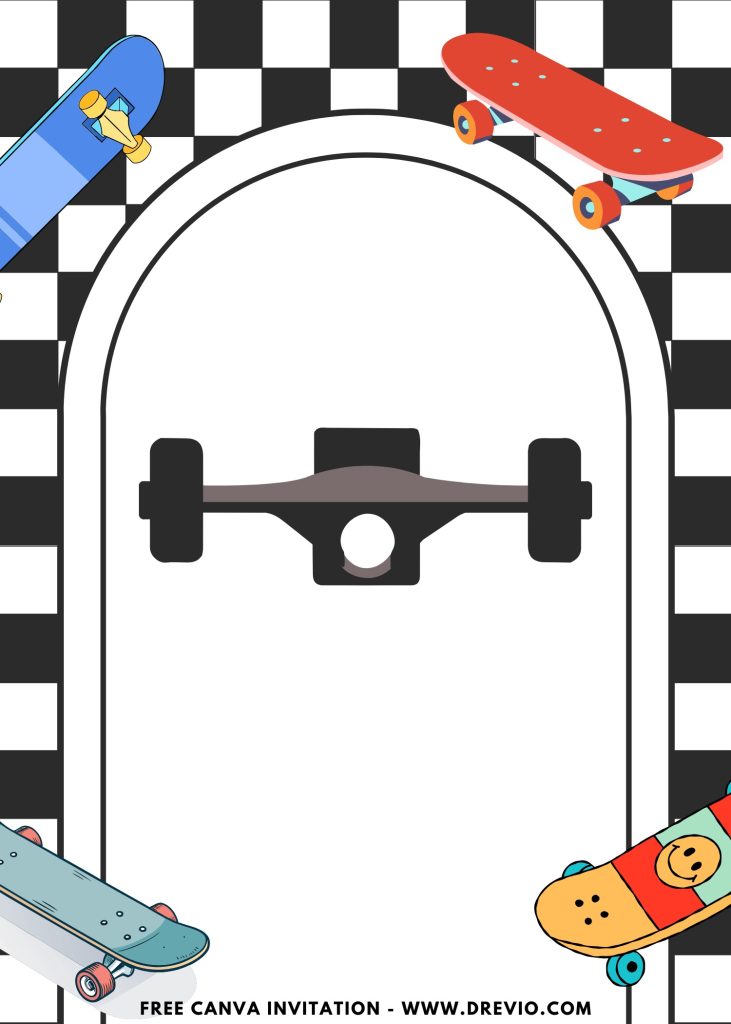 Free and Editable Awesome Checkered Kickflip Skateboard Invitation Templates Made in Canva. Customize Online for free