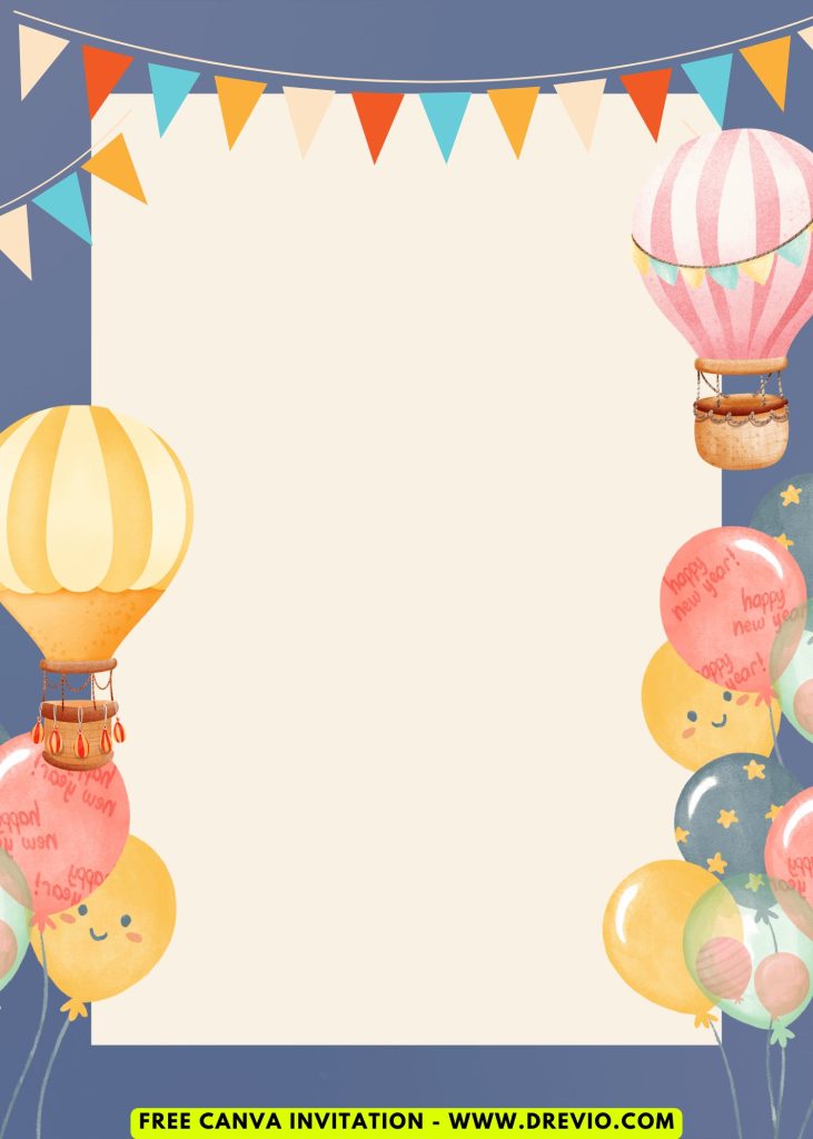 Free and Editable Cute Hot Air Balloon Adventure Invitation Templates Made in Canva. Customize Online for free