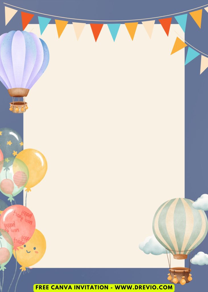 Free and Editable Watercolor Hot Air Balloon Adventure Invitation Templates Made in Canva. Customize Online for free