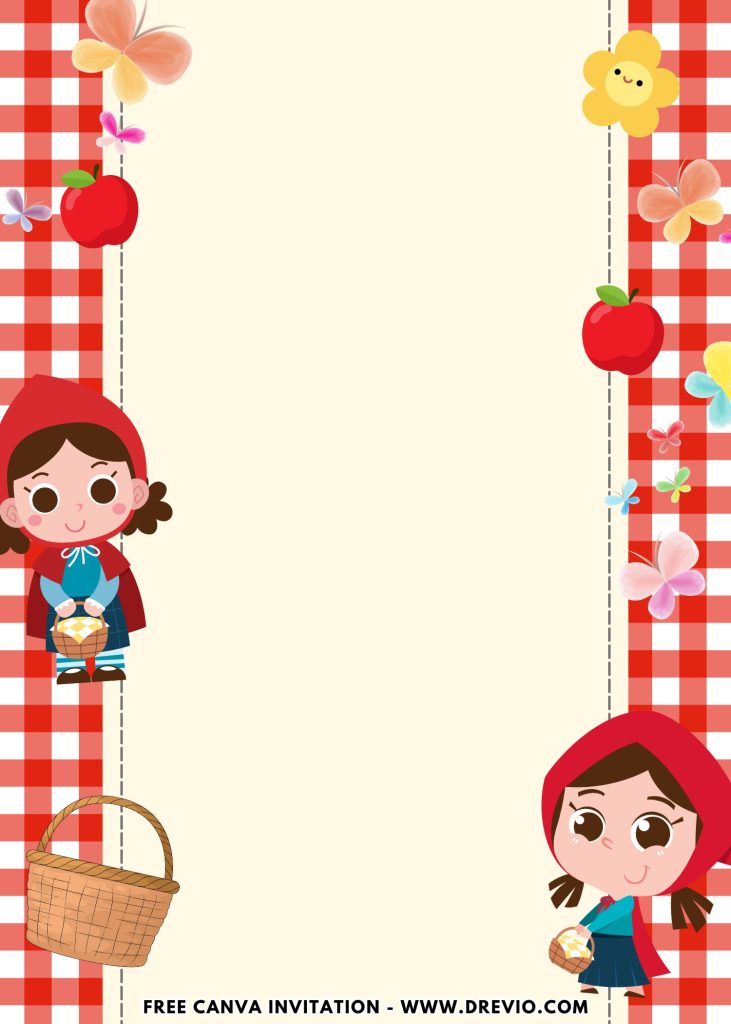 Free and Editable Chic Red Gingham Fairytale Red Riding Hood Invitation Templates Made in Canva. Customize Online for free