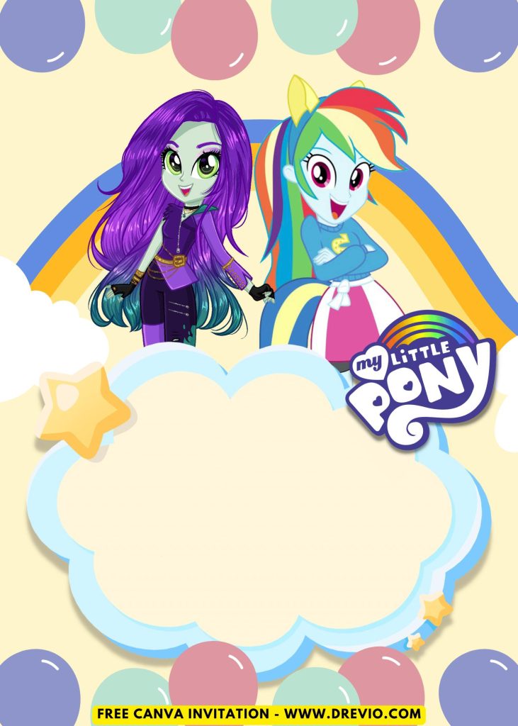 Free and Editable Pastel Rainbow Sky My Little Pony Kids Invitation Templates Made in Canva. Customize Online for free