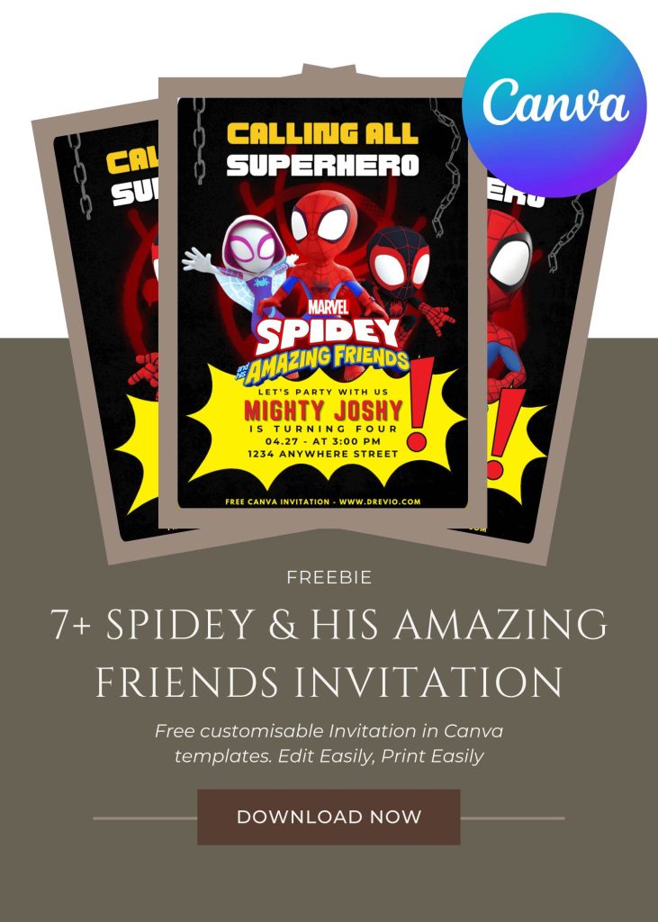 Free and Editable Awesome Spidey And Friends Party Invitation Templates Made in Canva. Customize Online for free