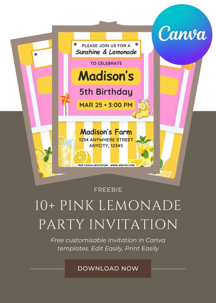 Free and Editable Pink And Yellow Lemonade Stand Invitation Templates Made in Canva. Customize Online for free