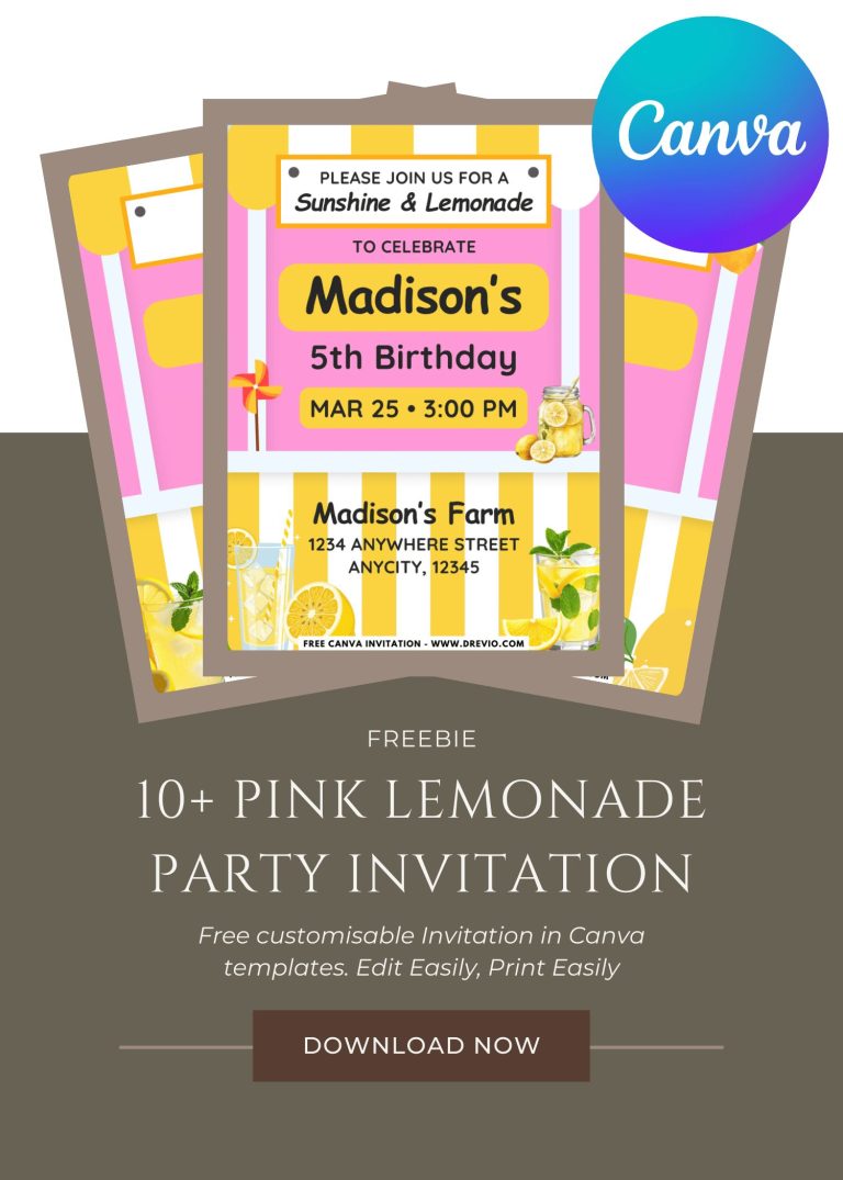 Free and Editable Pink And Yellow Lemonade Stand Invitation Templates Made in Canva. Customize Online for free