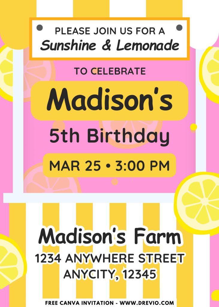 Free and Editable Summer Lemonade Stand Invitation Templates Made in Canva. Customize Online for free