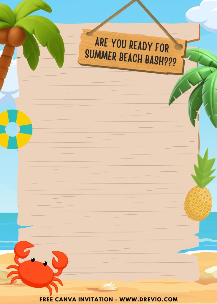 Free and Editable Life ring and Cute Crab Summer Beach Bash Invitation Templates Made in Canva. Customize Online for free