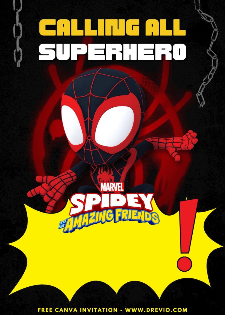 Free and Editable Spidey Spider-Man Miles Morales Kids Birthday Invitation Templates Made in Canva. Customize Online for free