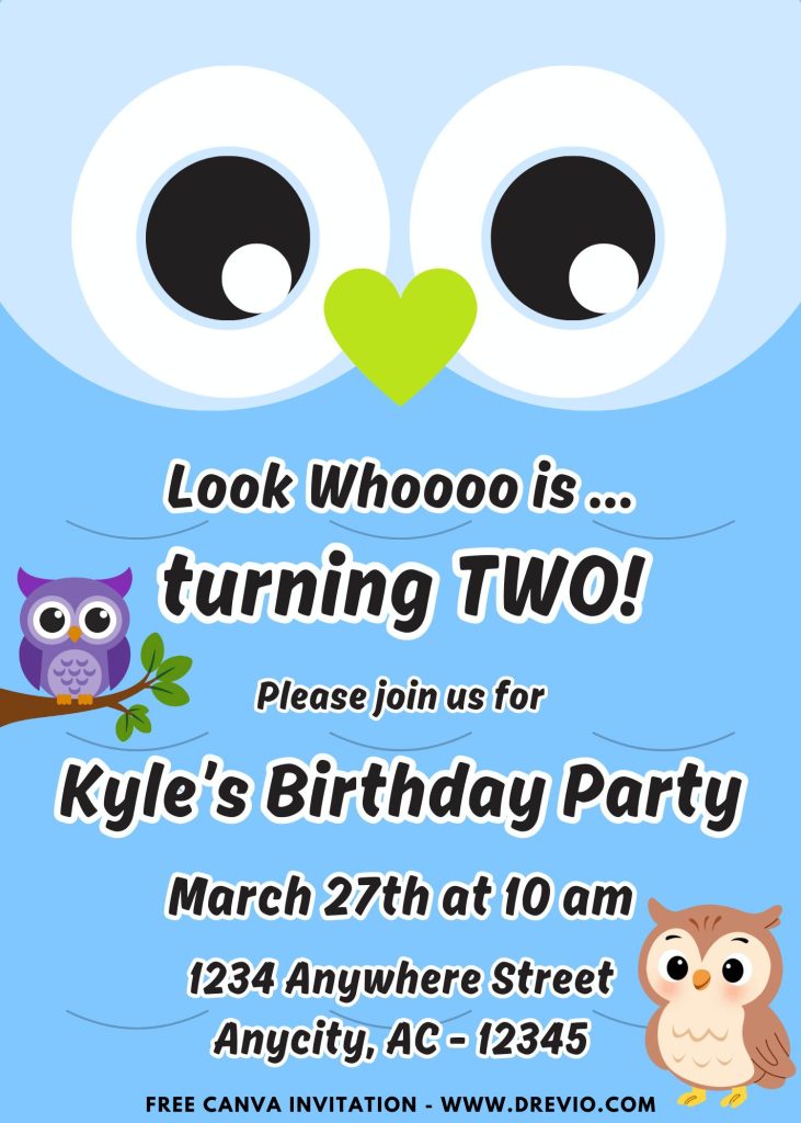 Free and Editable Cute Owl Face Invitation Templates Made in Canva. Customize Online for free