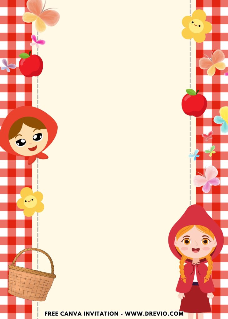 Free and Editable Fairytale Cartoon Red Riding Hood Invitation Templates Made in Canva. Customize Online for free