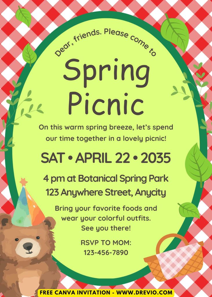 Free and Editable Lovely Cute Brown Teddy Bear Picnic Invitation Templates Made in Canva. Customize Online for free