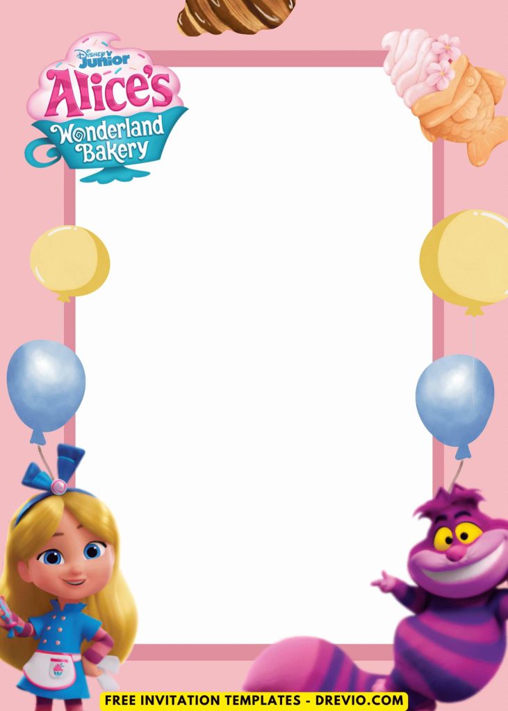 Free and Editable Adorable Cute Alice in Wonderland Bakery Factory Invitation Templates Made in Canva. Customize Online for free