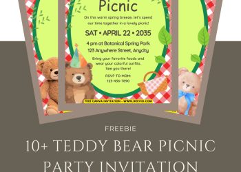 Free and Editable Spring Teddy Bear Picnic Invitation Templates Made in Canva. Customize Online for free