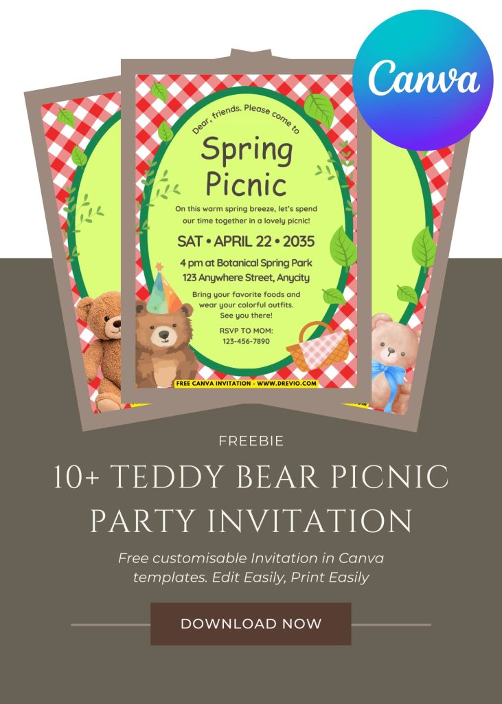 Free and Editable Spring Teddy Bear Picnic Invitation Templates Made in Canva. Customize Online for free