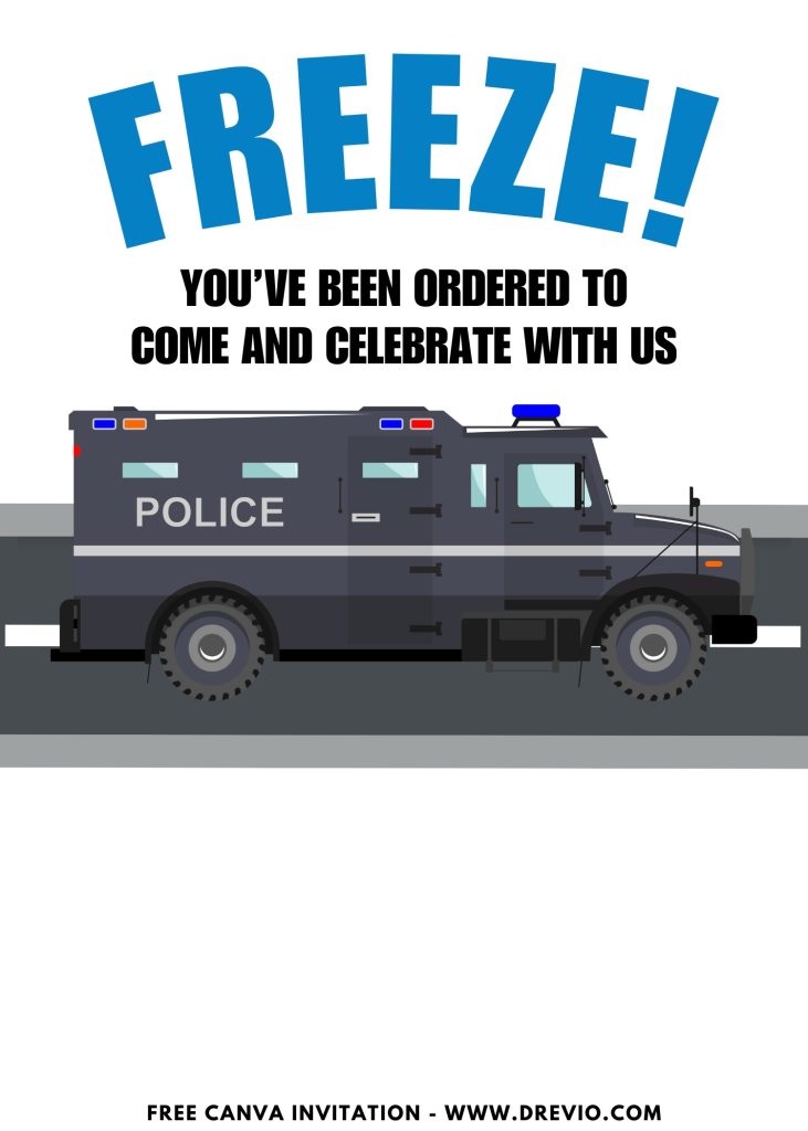 Free and Editable Police Vehicle Party Invitation Templates Made in Canva. Customize Online for free