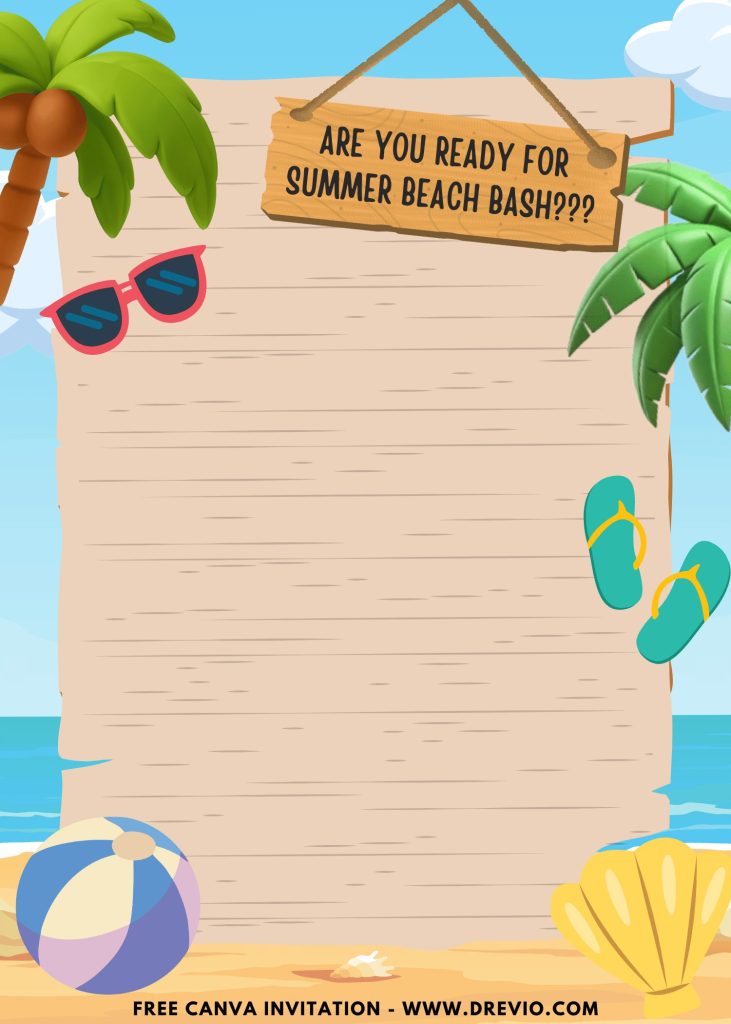 Free and Editable Summer Beach Bash Invitation Templates with Pink Flip flops Beach ball and sunglasses Made in Canva. Customize Online for free