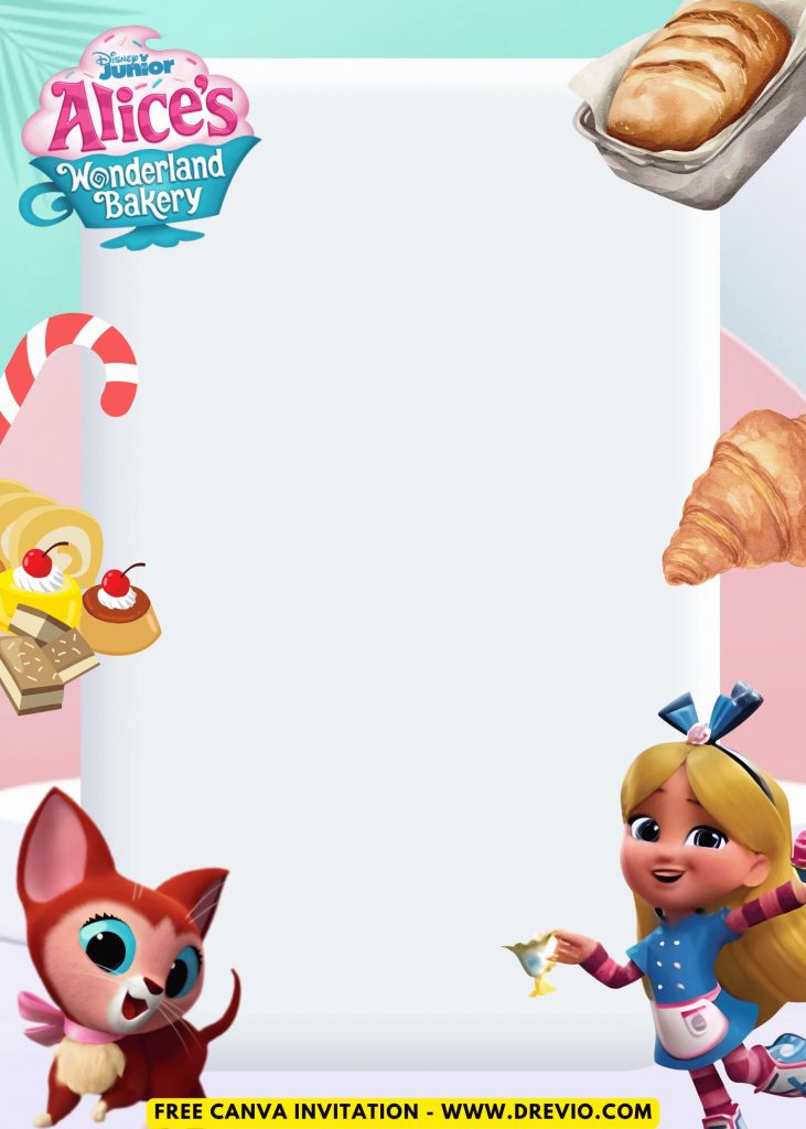 Free and Editable Playful Alice In Wonderland Bakery Invitation Templates Made in Canva. Customize Online for free