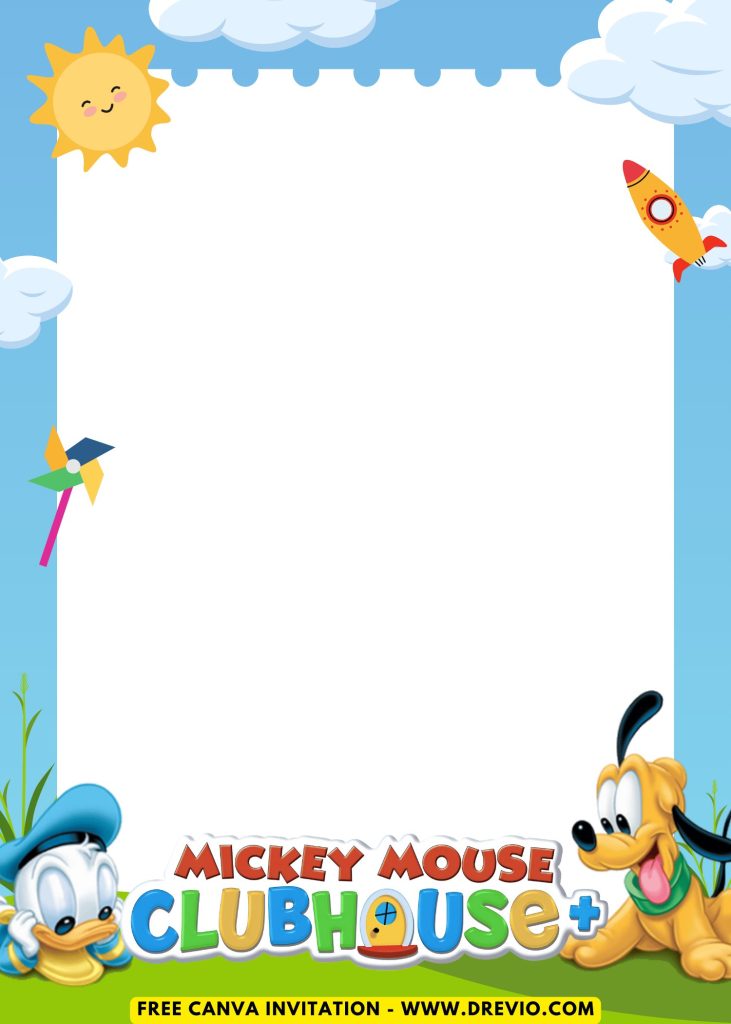 Free and Editable Baby Pluto and Donald Duck Mickey Mouse Clubhouse Invitation Templates Made in Canva. Customize Online for free