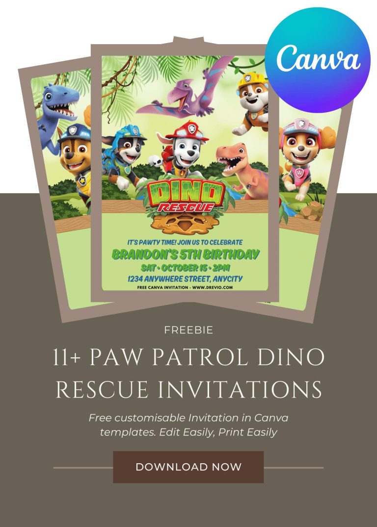 Free and Editable PAW Patrol Dino Movie Invitation Templates Made in Canva. Customize Online for free