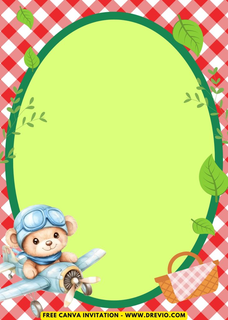Free and Editable Adorable Teddy Bear on a plane Picnic Invitation Templates Made in Canva. Customize Online for free