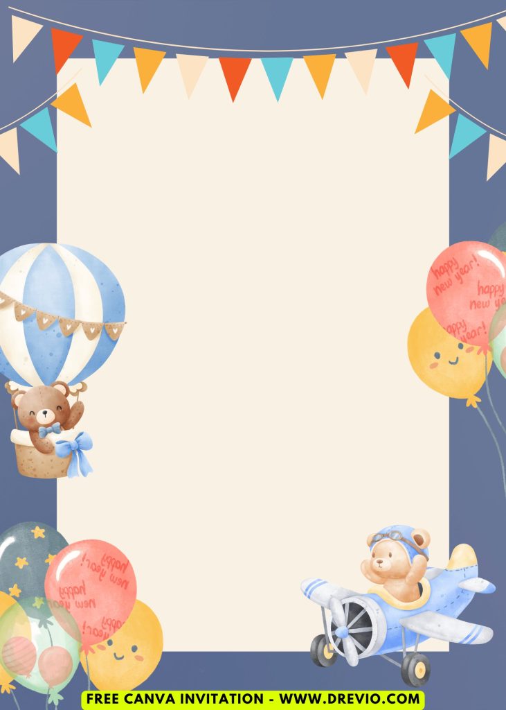 Free and Editable Festive Hot Air Balloon Adventure Invitation Templates Made in Canva. Customize Online for free