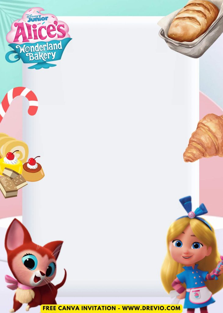 Free and Editable Cupcake and Candy Cane Alice In Wonderland Bakery Invitation Templates Made in Canva. Customize Online for free