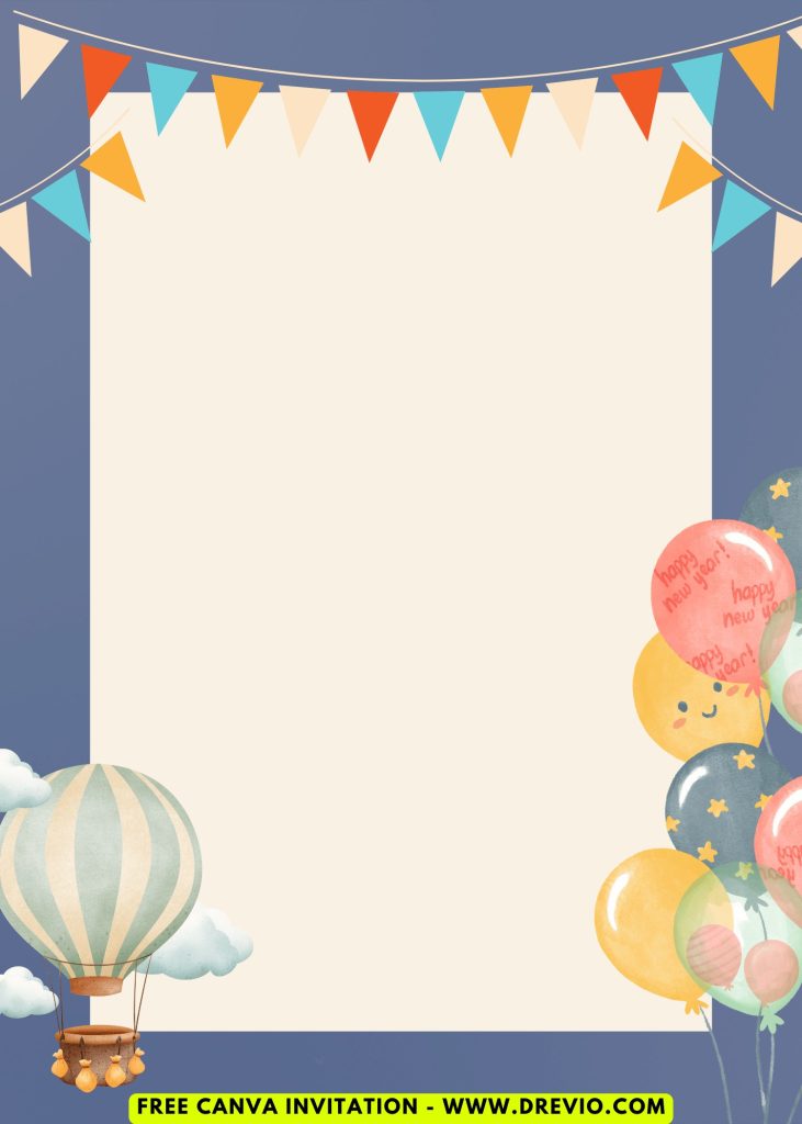Free and Editable Whimsical Hot Air Balloon Adventure Invitation Templates Made in Canva. Customize Online for free