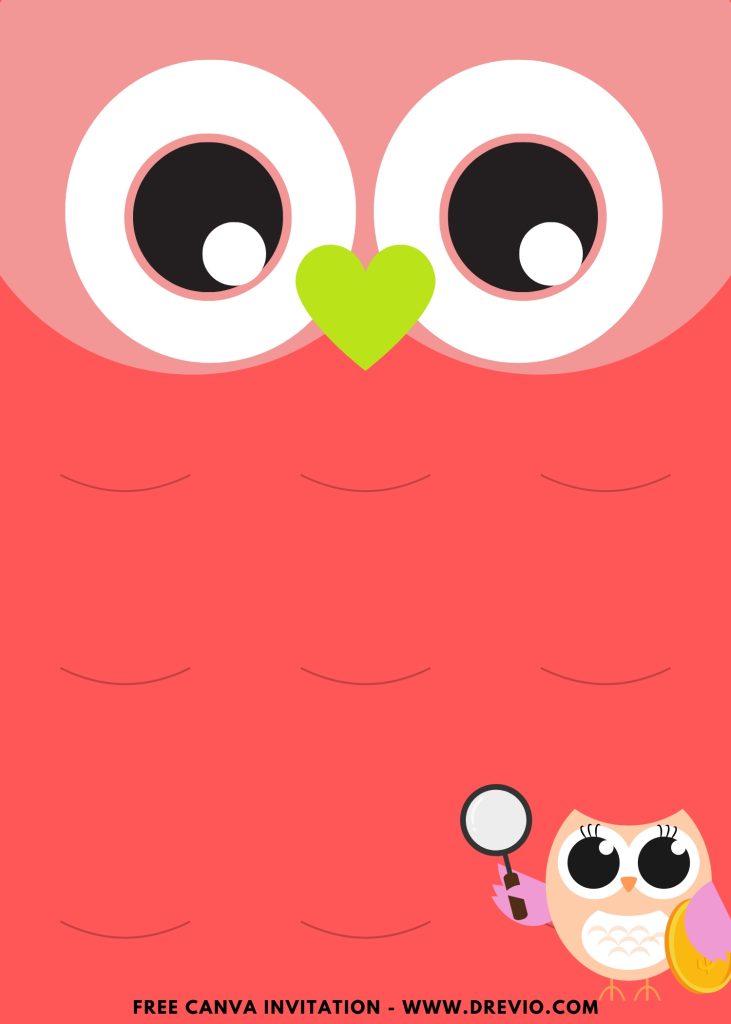 Free and Editable Cute Bubbly Eyes Owl Face Invitation Templates Made in Canva. Customize Online for free