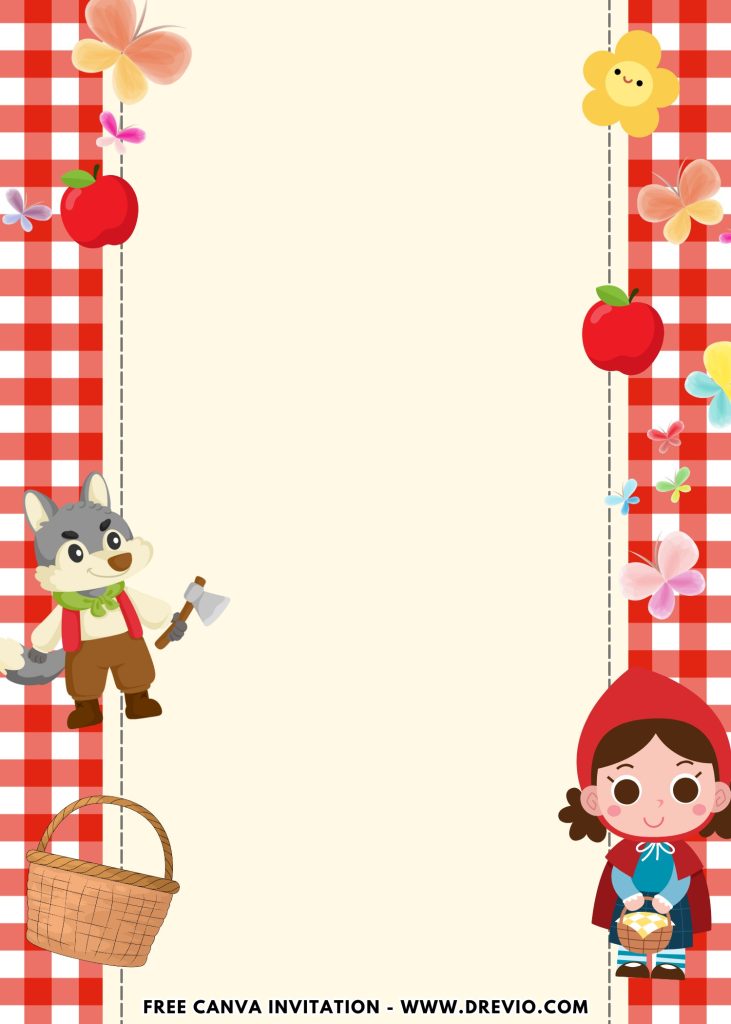 Free and Editable Fairytale Red Riding Hood and Wolf Invitation Templates Made in Canva. Customize Online for free
