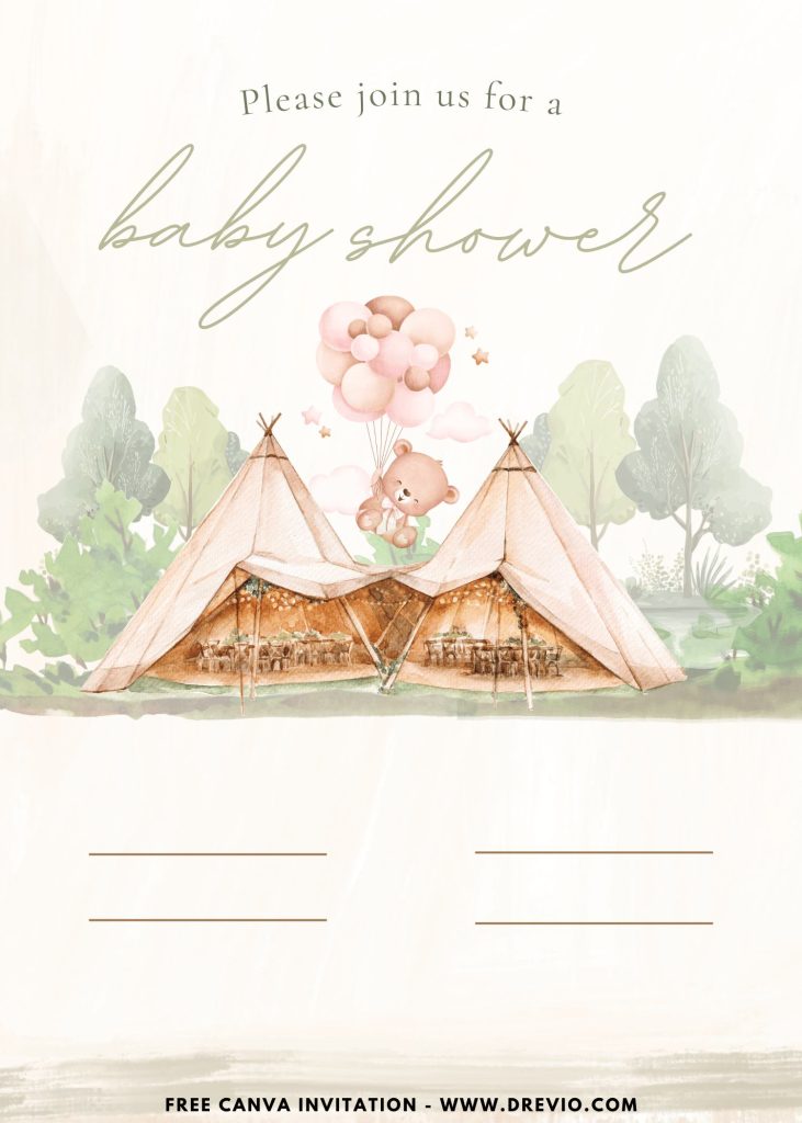 Free and Editable Rustic Bohemian Chic Glamping Party Invitation Templates Made in Canva. Customize Online for free