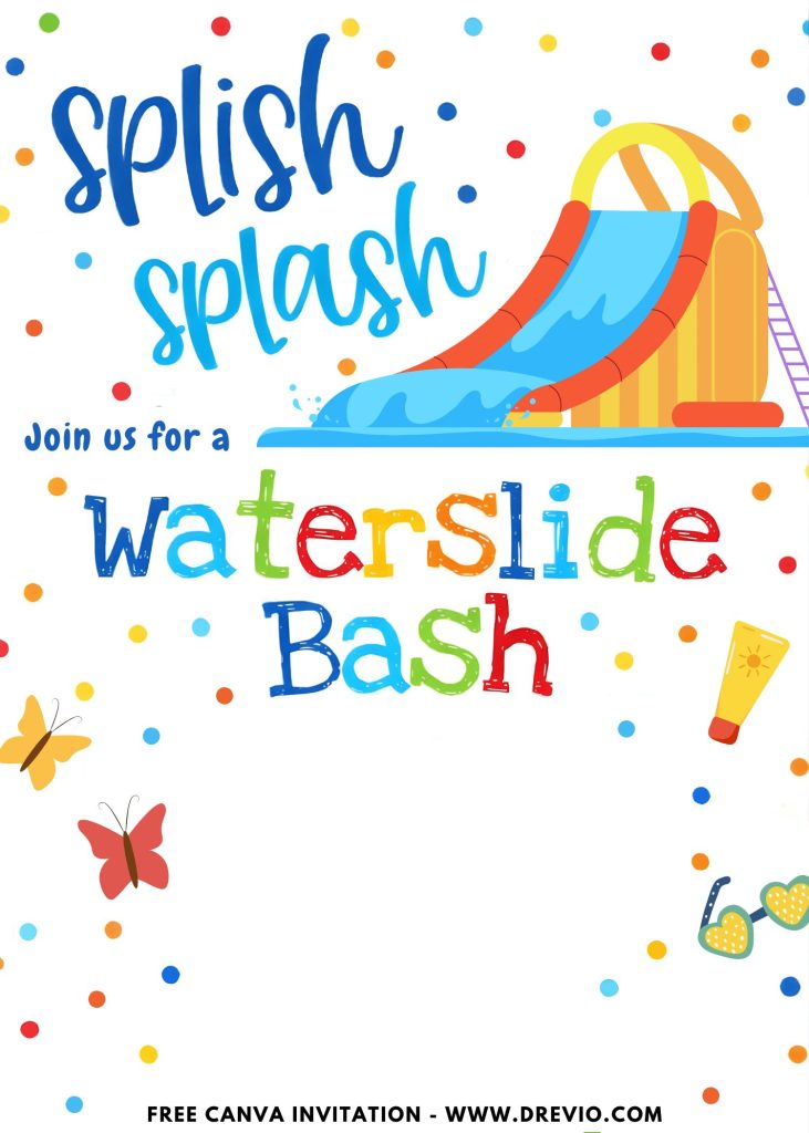 Free and Editable Summer Waterslide Birthday Invitation Templates Made in Canva. Customize Online for free