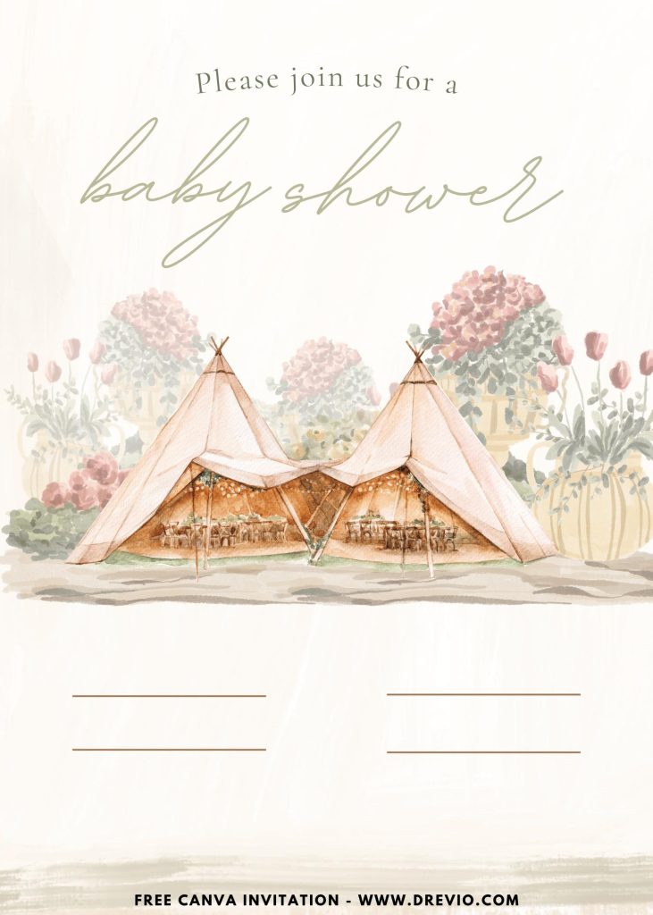 Free and Editable Aesthetic Boho Chic Glamping Party Invitation Templates Made in Canva. Customize Online for free