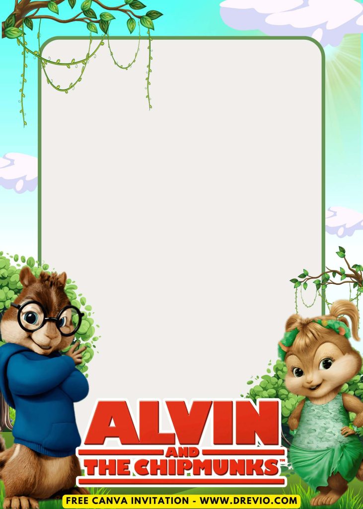 Free and Editable Lovely Cute Forest Alvin and The Chipmunks Invitation Templates Made in Canva. Customize Online for free