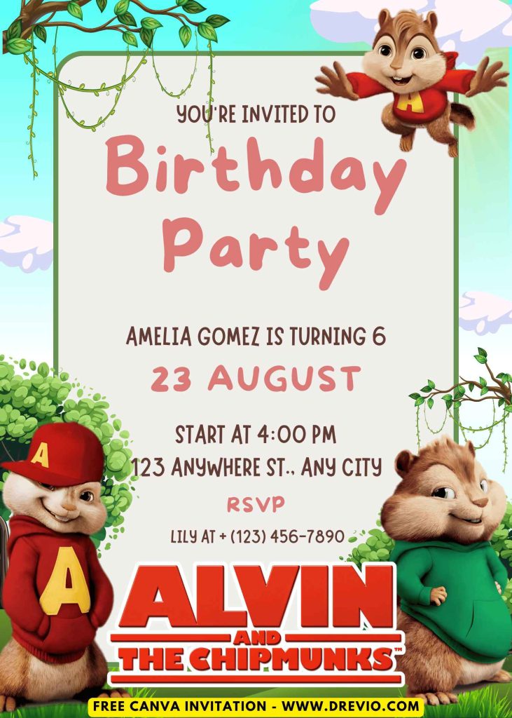 Free and Editable Adorable Forest Alvin and The Chipmunks Invitation Templates Made in Canva. Customize Online for free