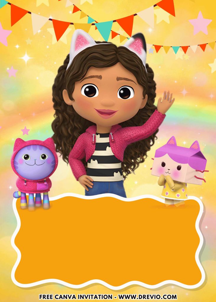 Free and Editable Pastel Rainbow Gabby Dollhouse Movie Invitation Templates Made in Canva. Customize Online for free