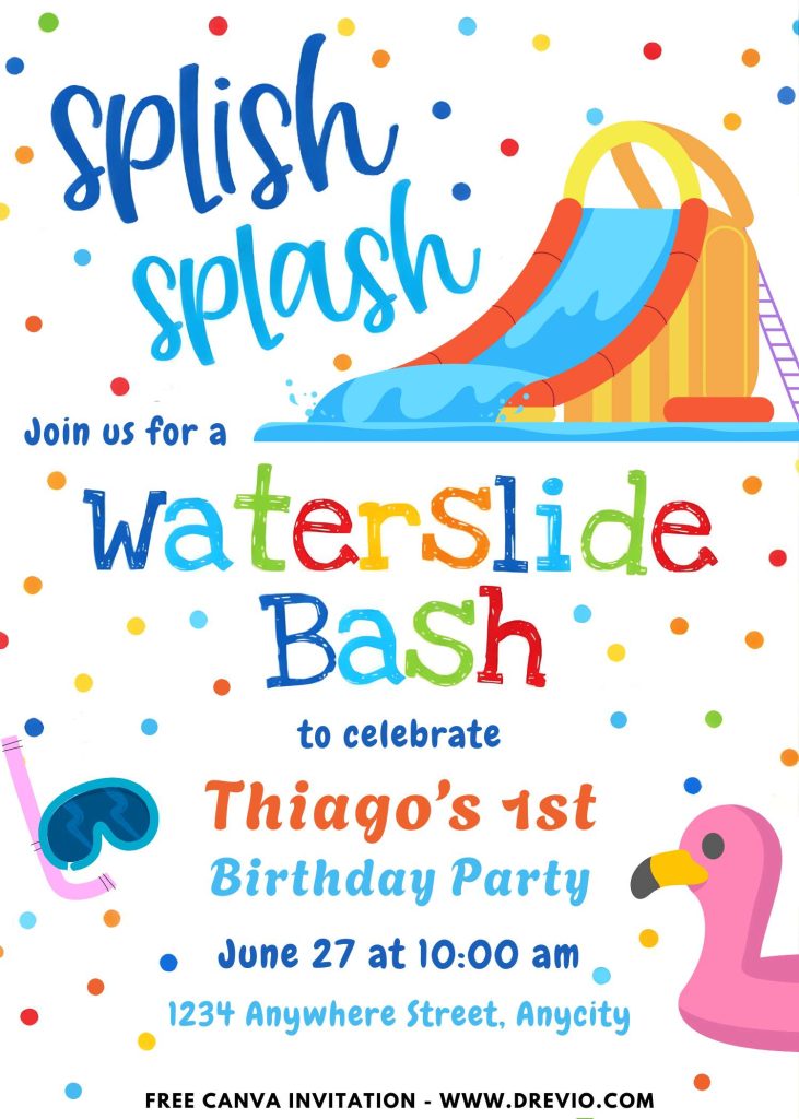 Free and Editable Fun Summer Waterslide Invitation Templates Made in Canva. Customize Online for free