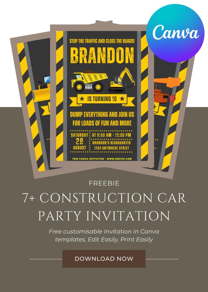 Free and Editable Construction Boys Birthday Invitation Templates Made in Canva. Customize Online for free