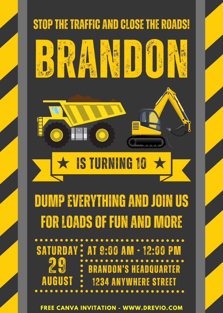 Free and Editable Awesome Construction Boys Birthday Invitation Templates Made in Canva. Customize Online for free