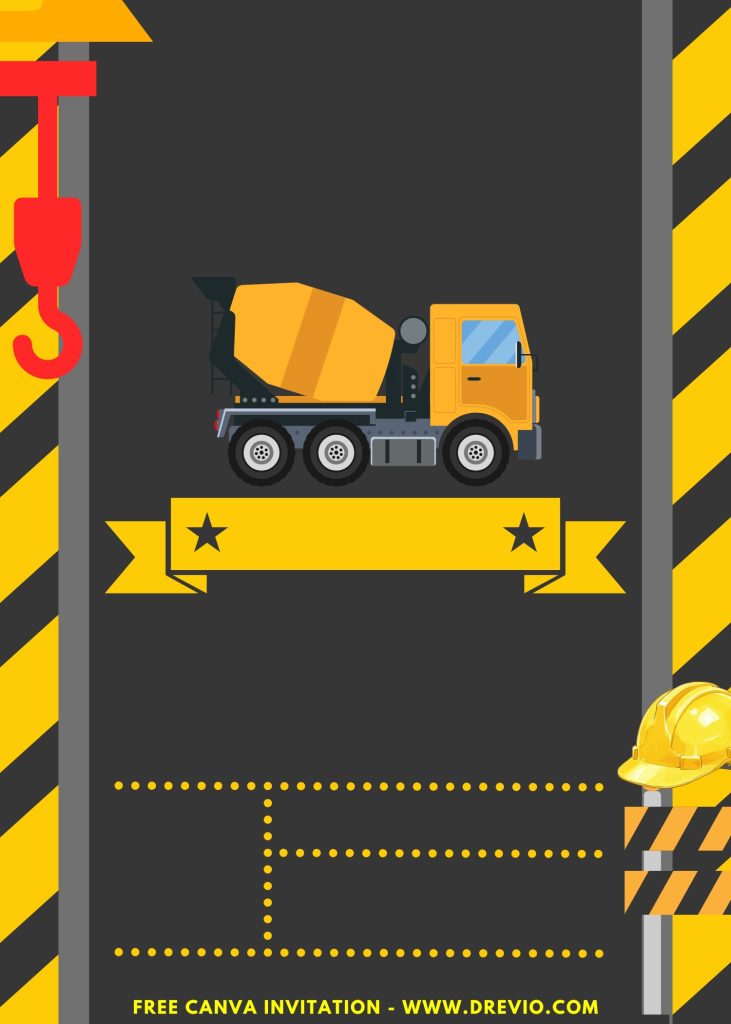 Free and Editable Cement Mixer Truck Construction Invitation Templates Made in Canva. Customize Online for free