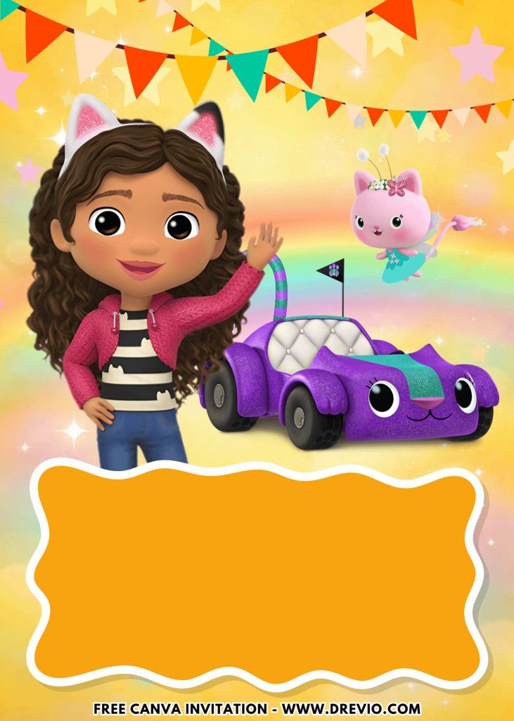 Free and Editable Adorable Gabby Dollhouse Movie Invitation Templates Made in Canva. Customize Online for free