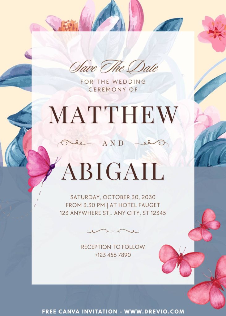 editable butterfly floral wedding invite canva design