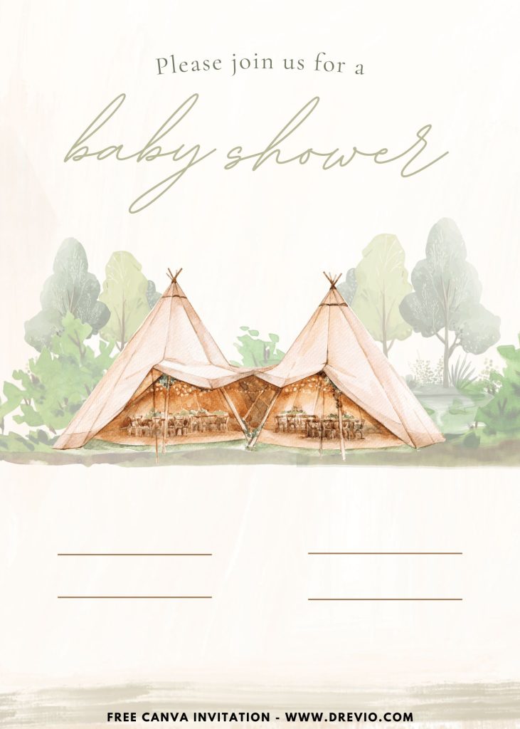 Free and Editable Stylish Bohemian Chic Glamping Party Invitation Templates Made in Canva. Customize Online for free
