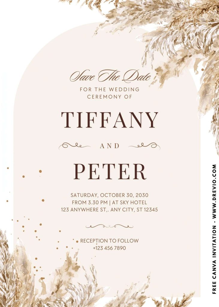 elegant rustic pampas and leaf wedding invite canva