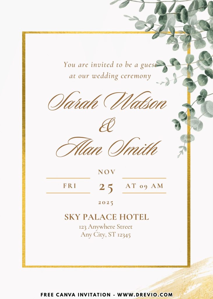 elegant watercolor eucalyptus wedding invite template canva 1