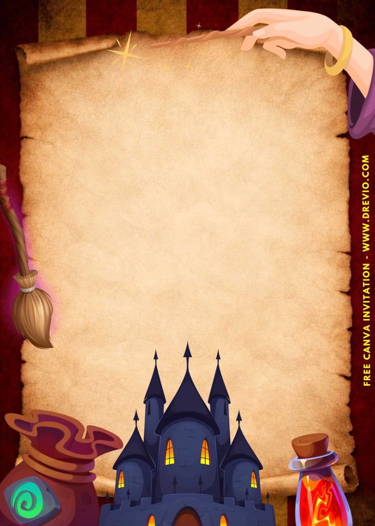 Free and Editable Magical Wizard Castle Party Invitation Templates Made in Canva. Customize Online for free