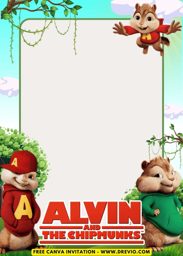Free and Editable Simply Cute Forest Alvin and The Chipmunks Invitation Templates Made in Canva. Customize Online for free