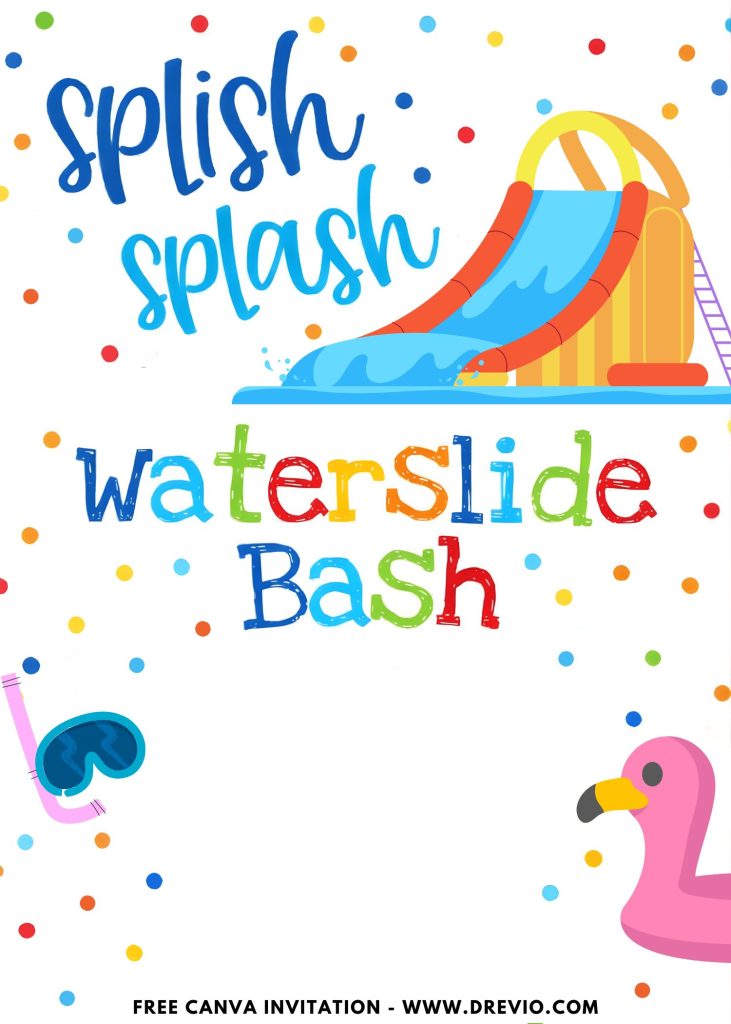 Free and Editable Pink Flamingo Summer Waterslide Invitation Templates Made in Canva. Customize Online for free