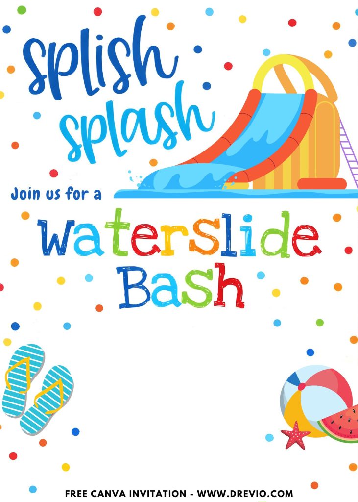 Free and Editable Cute Summer Waterslide Invitation Templates Made in Canva. Customize Online for free